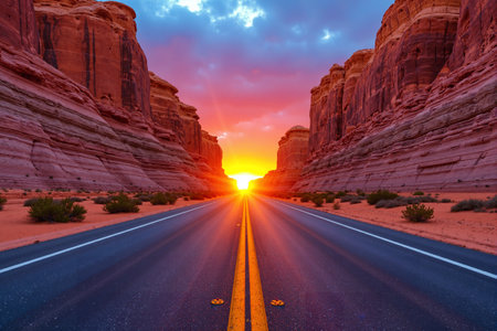Road in Valley of Fire State Park at sunset, Nevada, USAの素材