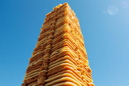 Sausage tower in the shape of a pyramid against the blue skyの素材