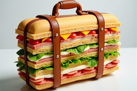 Sandwich with ham, cheese and vegetables on a white background.の素材