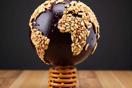 Chocolate ball with sesame seeds on a wooden table against a dark backgroundの素材