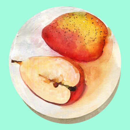 Watercolor cute pear on the plateの写真素材