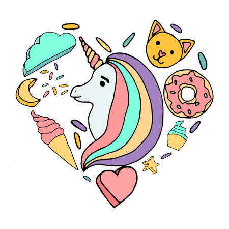 Cute line rainbow vector color unicornのイラスト素材