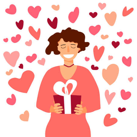 Woman with gift box with heart aroundのイラスト素材