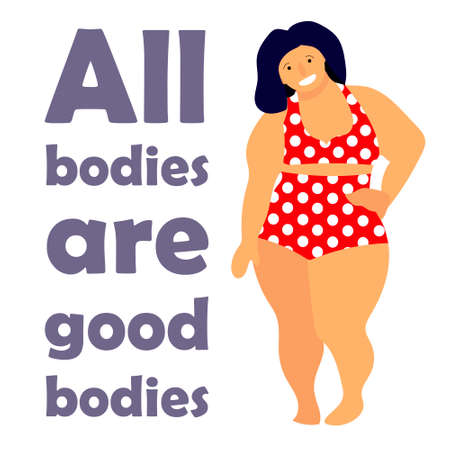 Happy plus size woman. Happy body positive concept. All bodies are good text. Attractive overweight woman.のイラスト素材