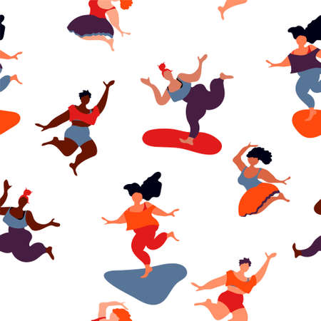Body pozitive happy jumping women patternのイラスト素材