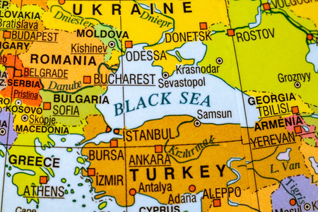 Wroclaw, Poland. March 6, 2026. Close-up of the Black Sea region on a political world map showing...