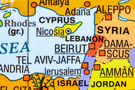Wroclaw, Poland. March 6, 2026. Close-up of the Eastern Mediterranean region on a political world map showing Cyprus, Lebanon, Syria, Israel and Jordan.のeditorial素材