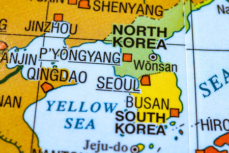 Wroclaw, Poland. March 6, 2026. Close-up of the Korean Peninsula on a political world map showing...