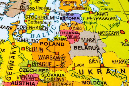 Wroclaw, Poland . March 6, 2026. Close-up of Eastern Europe on a political world map showing Ukraine, Poland, Belarus, Russia and the Baltic region.のeditorial素材