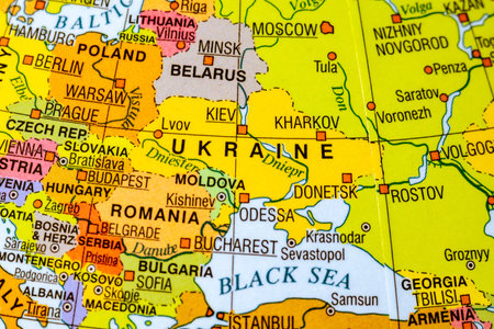 Wroclaw, Poland, March 6, 2026. Close-up of Ukraine and the Black Sea region on a political world...