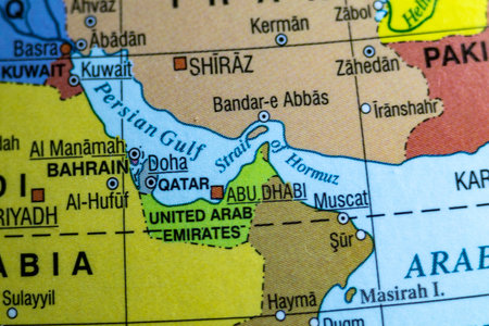 06.03.2026. Wroclaw. Poland. Strait of Hormuz, Persian Gulf region on a political world map showing...