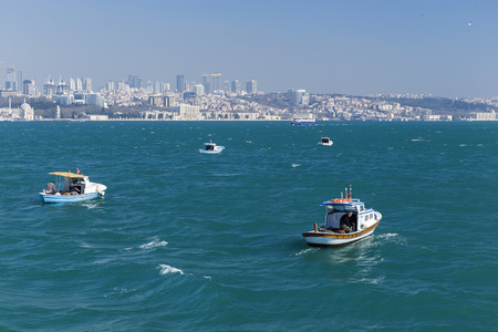 Small boats in the bay of the Golden Horn in Istanbulの写真素材