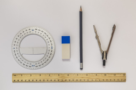Ruler, compasses, eraser, protractor, pencilの写真素材