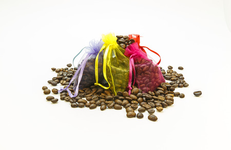 Coffee beans in gift bags  on the white backgroundの写真素材
