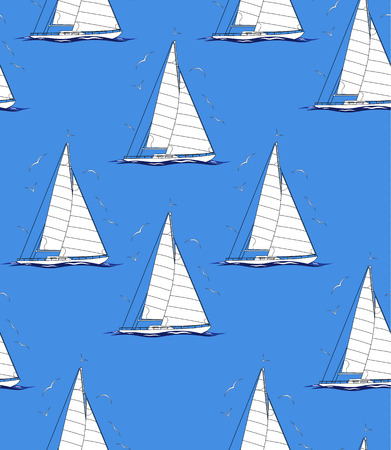 Abstract seamless repeating pattern with sailboats and seagulls.のイラスト素材