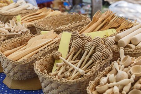 Wood products household items sold at the fairの写真素材