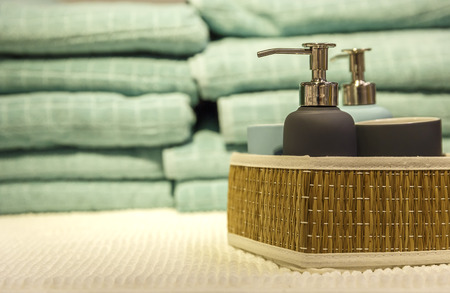 Bathroom accessories on the shelfの写真素材