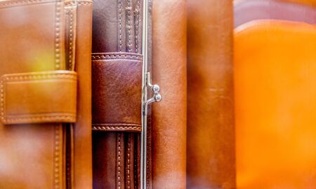 Leather wallets on the storefront in the storeの写真素材