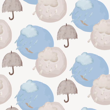 Clouds, rain and umbrella seamless pattern  drawn with watercolorのイラスト素材