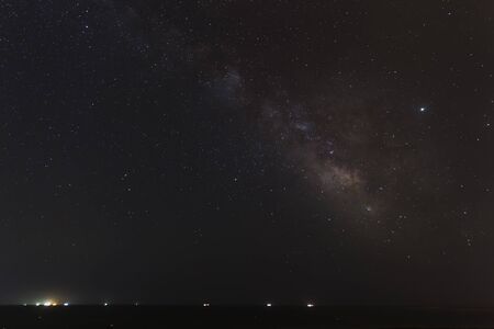 Milky way over oil platforms in the Caspian Sea