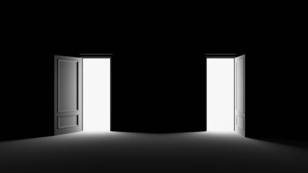 Bright white light illuminating a black room through a door.3d renderの写真素材