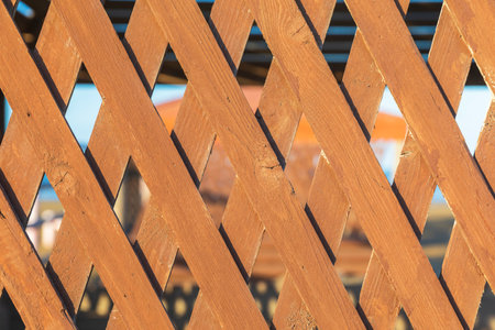 Gazebo wall made of thin wooden slatsの写真素材