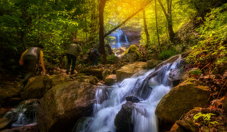 Shamakhi, Azerbaijan - May 10, 2021: Mountain waterfall in spring forestのeditorial素材