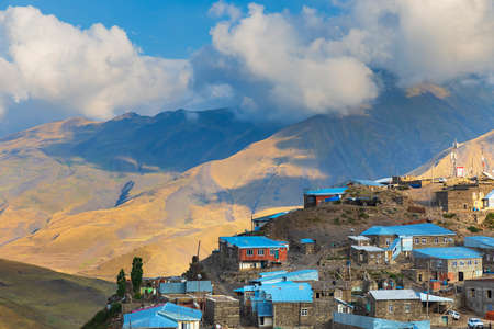 Houses in the village of Khinalig made of river stonesの写真素材