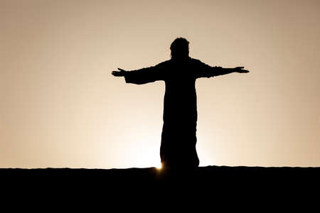 Silhouette of a girl in a tunic against the backdrop of the setting sunの写真素材