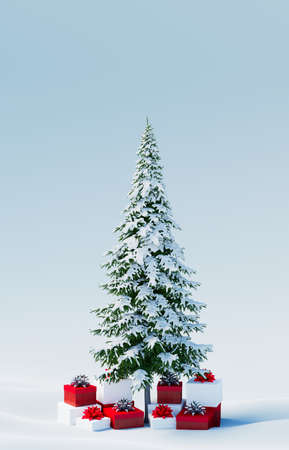 Christmas tree in the snow and gifts under it. 3d renderingの写真素材