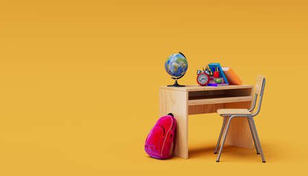 School desk with school accessory and  backpack on a colored background. 3D Renderingの写真素材