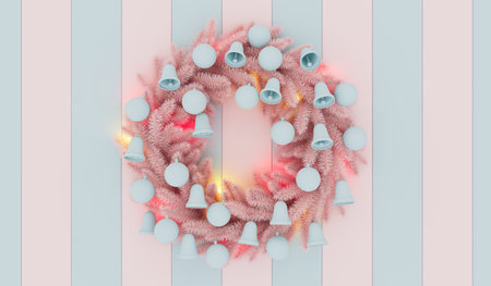 Christmas wreath hanging on a wooden door in pastel colors. 3d renderingの写真素材