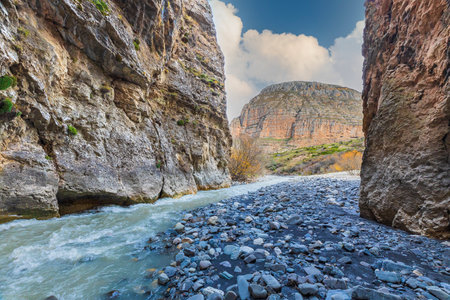 Stormy mountain river in autumnの写真素材