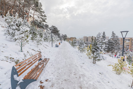 BAKU, AZERBAIJAN - JANUARY 31 2024: A park covered with snow in Baku in January