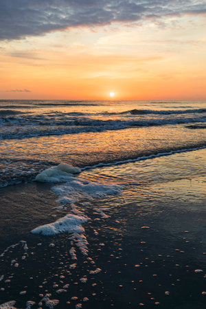 Sunrise on the Caspian Sea coastの写真素材