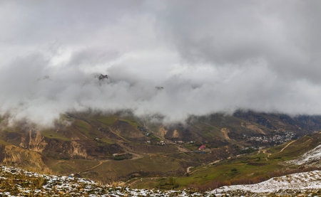 Fog and snow in the mountains of Azerbaijanの写真素材