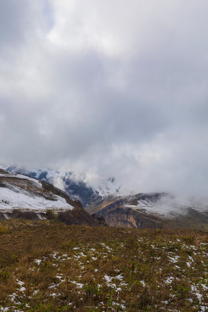 Fog and snow in the mountains of Azerbaijanの写真素材