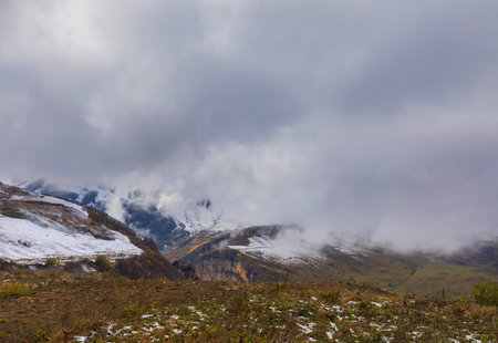 Fog and snow in the mountains of Azerbaijanの写真素材