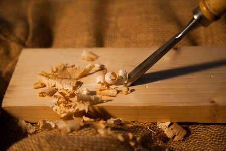 chisel in the woodの写真素材