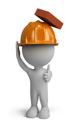 3d person - builder man in a helmet with a falling brick from the top. 3d image. Isolated white background.の写真素材