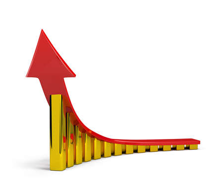 Red arrow on the golden pillars looking to the top. 3d image. Isolated white background.の写真素材