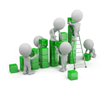 Employees build profit chart. 3d image. White background.
