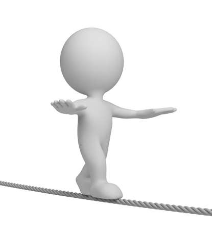 3d person walking on a tightrope. 3d image. White background.の写真素材