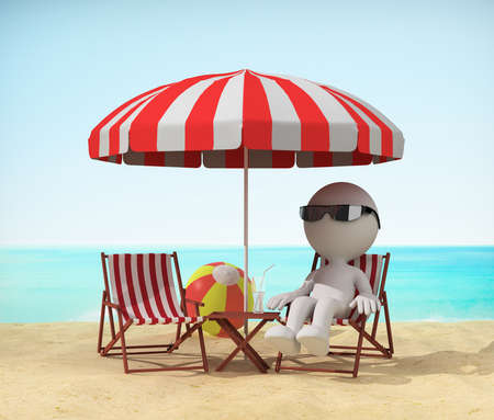 Man resting on the beach in a deckchair. 3d image. White background.の写真素材