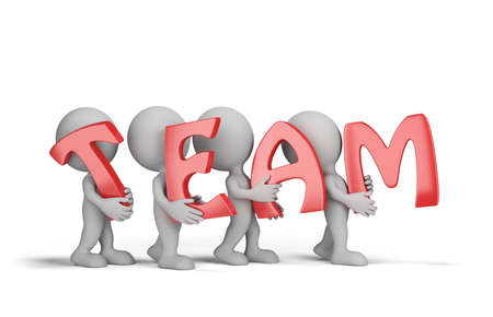Four people with red letters in hands. 3d image. White background.