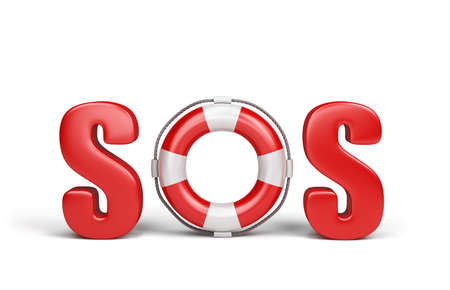 Red text SOS with lifebelt. 3d image. White background.