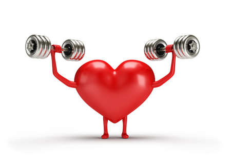 3d character heart doing exercises with dumbbells. 3d image. White background.の写真素材