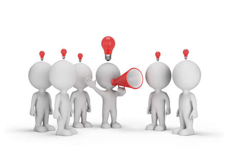 3d person with loudspeaker speaks to a group of people. 3d image. White background.