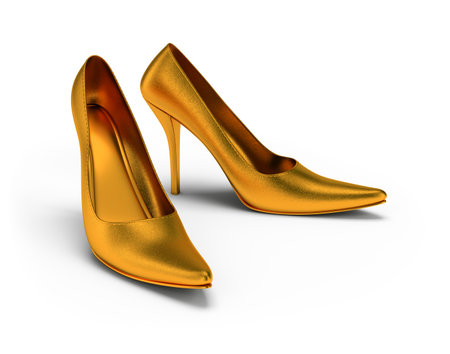 3d womens fashion shoes, gold color. 3d image. White background.の写真素材