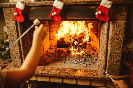 Family roasting marshmallows by the fire. Cozy chalet home with fireplace decorated with traditional Christmas ornaments. Cozy relaxed magical atmosphere in a chalet. Holiday concept.の写真素材
